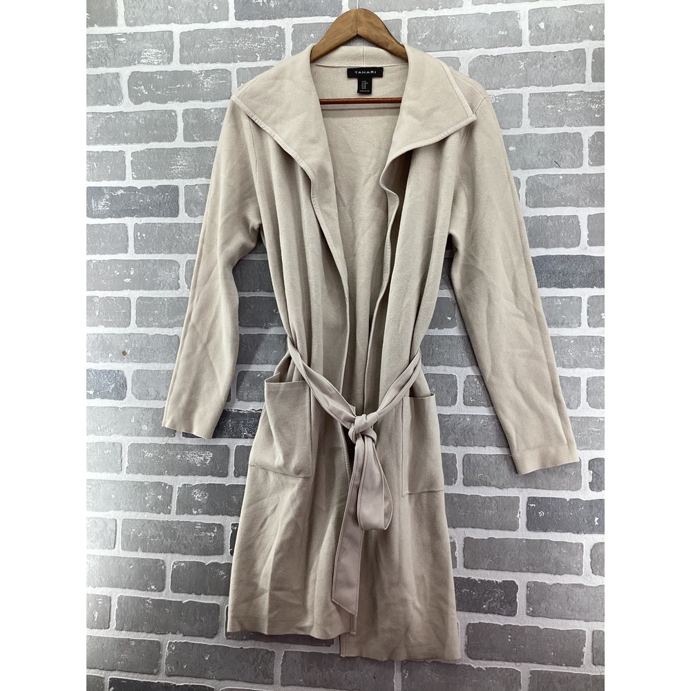 Tahari Womens Beige Belted Knit Duster Cardigan Sweater Open Front Pockets M